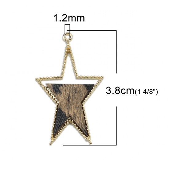 Picture of Zinc Based Alloy & PU Pendants Pentagram Star Gold Plated Black & Khaki Leopard Print 3.8cm x 2.3cm, 5 PCs