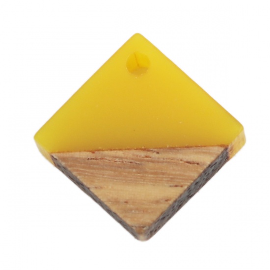 Picture of Natural Wood Effect Resin Charms Square Yellow 17mm x 17mm, 10 PCs