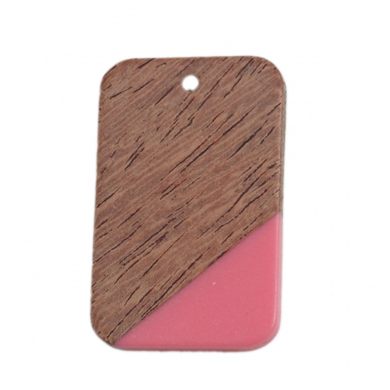 Picture of Natural Wood Effect Resin Pendants Rectangle Fuchsia 3.3cm x 2.1cm, 2 PCs