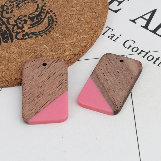 Picture of Natural Wood Effect Resin Pendants Rectangle Fuchsia 3.3cm x 2.1cm, 2 PCs