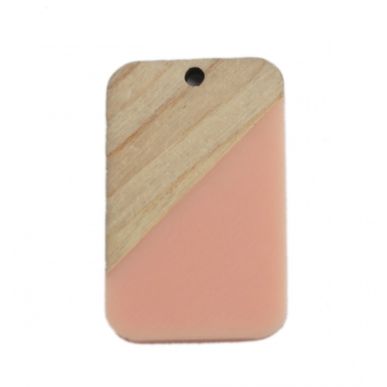 Picture of Wood Effect Resin Pendants Rectangle Light Pink 3.3cm x 2.1cm, 2 PCs
