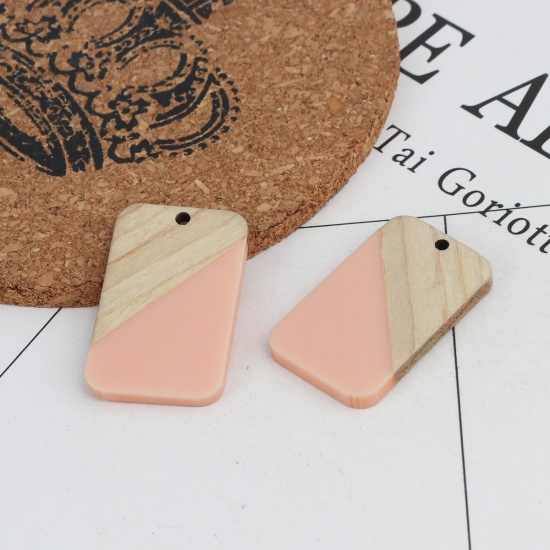 Picture of Natural Wood Effect Resin Pendants Rectangle Light Pink 3.3cm x 2.1cm, 2 PCs