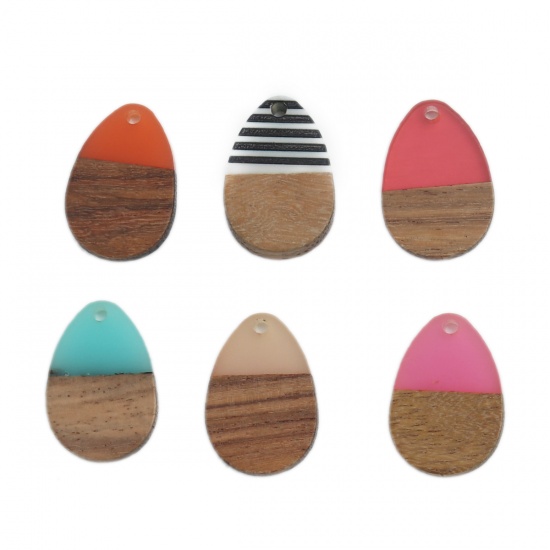 Picture of Wood Effect Resin Charms Drop Red 25mm x 17mm, 5 PCs
