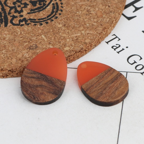 Picture of Wood Effect Resin Charms Drop Orange 25mm x 17mm, 5 PCs