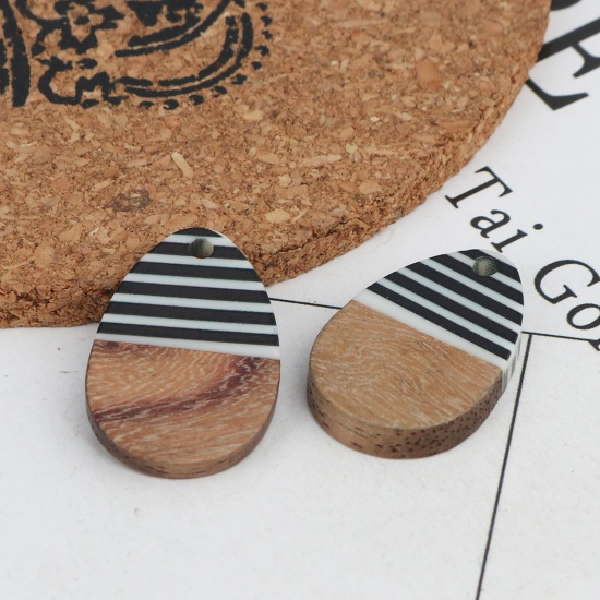Picture of Wood Effect Resin Charms Drop Black & White 25mm x 17mm, 5 PCs