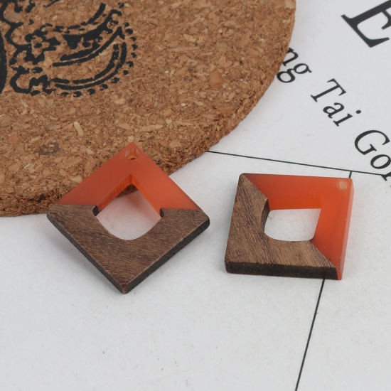 Picture of Wood Effect Resin Charms Square Orange 20mm x 20mm, 2 PCs