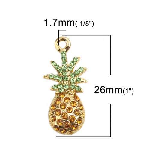 Picture of Zinc Based Alloy Charms Pineapple/ Ananas Fruit Gold Plated Micro Pave Multicolor Rhinestone 26mm x 12mm, 2 PCs
