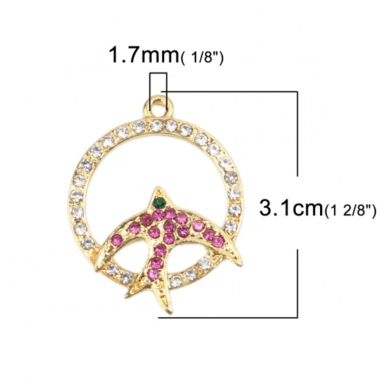 Picture of Zinc Based Alloy Pendants Round Gold Plated Pigeon Micro Pave Multicolor Rhinestone 3.1cm x 2.4cm, 2 PCs