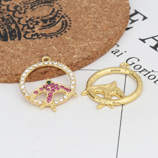 Picture of Zinc Based Alloy Pendants Round Gold Plated Pigeon Micro Pave Multicolor Rhinestone 3.1cm x 2.4cm, 2 PCs