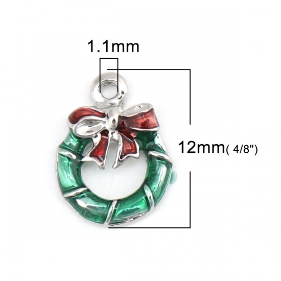 Picture of Zinc Based Alloy Charms Christmas Wreath Silver Tone Red & Green Enamel 12mm x 9mm, 5 PCs