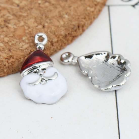 Picture of Zinc Based Alloy Charms Christmas Santa Claus Silver Tone White & Red Enamel 19mm x 11mm, 5 PCs