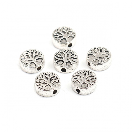 Picture of Zinc Based Alloy Spacer Beads Round Antique Silver Color Tree About 9mm x 9mm, Hole: Approx 1.6mm, 50 PCs