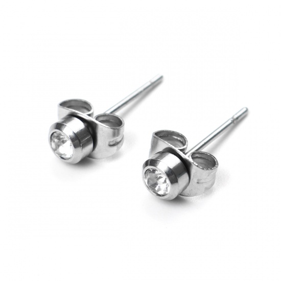 Picture of 304 Stainless Steel Ear Post Stud Earrings Silver Tone Round Clear Cubic Zirconia 4mm Dia., Post/ Wire Size: (21 gauge), 1 Pair