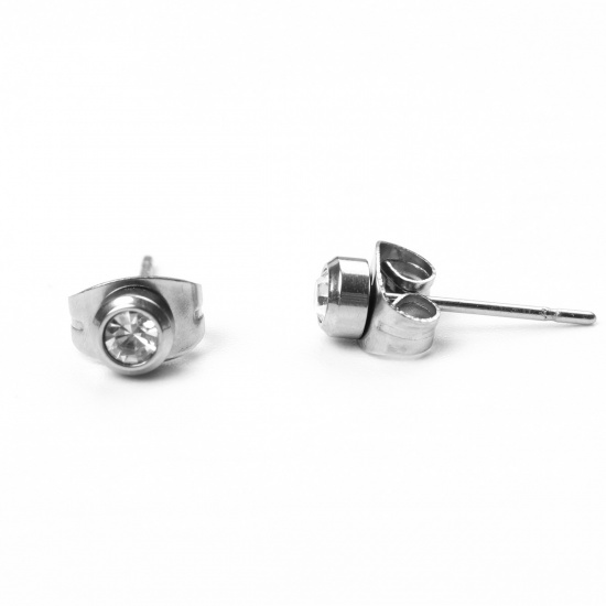 Picture of 304 Stainless Steel Ear Post Stud Earrings Silver Tone Round Clear Cubic Zirconia 4mm Dia., Post/ Wire Size: (21 gauge), 1 Pair