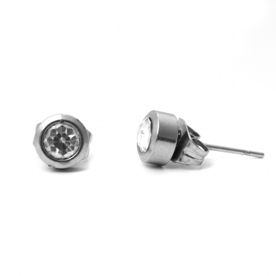 Picture of 304 Stainless Steel Ear Post Stud Earrings Silver Tone Round Clear Cubic Zirconia 6mm Dia., Post/ Wire Size: (21 gauge), 1 Pair