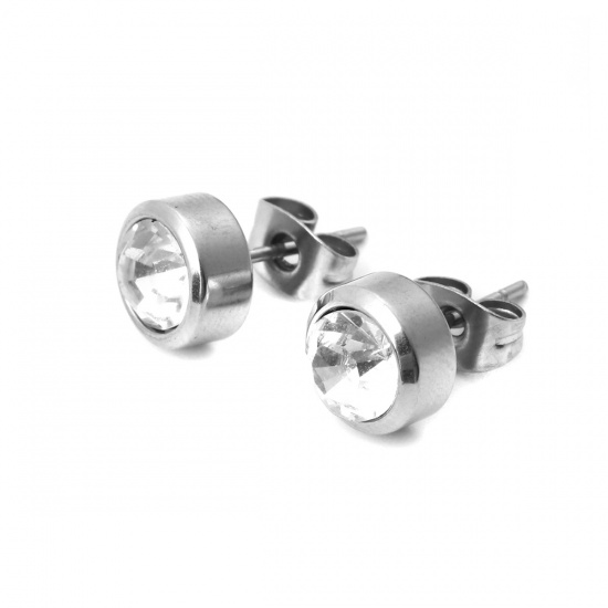 Picture of 304 Stainless Steel Ear Post Stud Earrings Silver Tone Round Clear Cubic Zirconia 8mm Dia., Post/ Wire Size: (21 gauge), 1 Pair