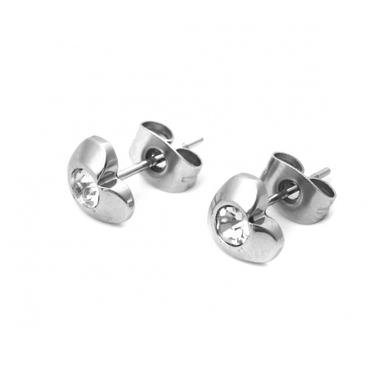 Picture of 304 Stainless Steel Ear Post Stud Earrings Silver Tone Heart Clear Cubic Zirconia 7mm x 7mm, Post/ Wire Size: (21 gauge), 1 Pair