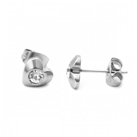 Picture of 304 Stainless Steel Ear Post Stud Earrings Silver Tone Heart Clear Cubic Zirconia 7mm x 7mm, Post/ Wire Size: (21 gauge), 1 Pair