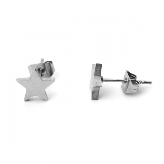 Picture of 304 Stainless Steel Ear Post Stud Earrings Silver Tone Pentagram Star 7mm x 7mm, Post/ Wire Size: (21 gauge), 1 Pair