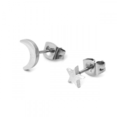 Picture of Wholesale Cute Stylish Asymmetric Earrings, Half Moon Star Silver Tone 304 Stainless Steel, Women's Gift Jewelry Supply, 8mm x 5mm, Post/ Wire Size: 0.7mm(21 gauge), 1 Pair