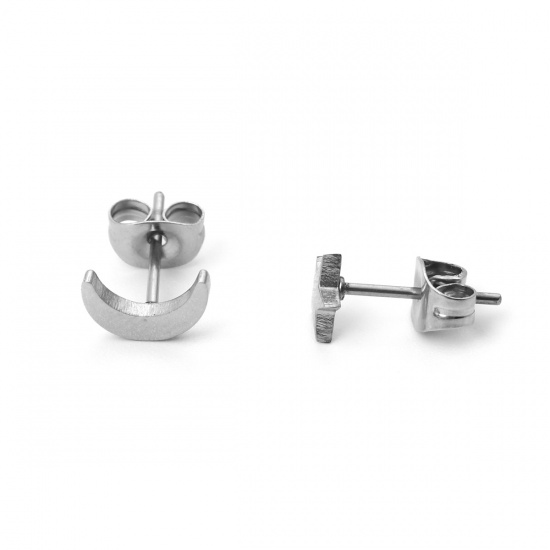 Picture of 304 Stainless Steel Ear Post Stud Earrings Silver Tone Half Moon Star 8mm x 5mm - 6mm x 6mm, Post/ Wire Size: (21 gauge), 1 Pair