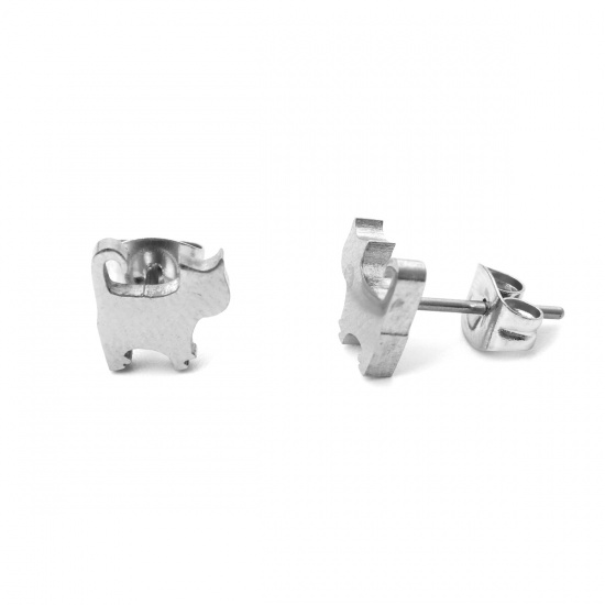 Picture of 304 Stainless Steel Ear Post Stud Earrings Silver Tone Cat Animal 8mm x 8mm, Post/ Wire Size: (21 gauge), 1 Pair