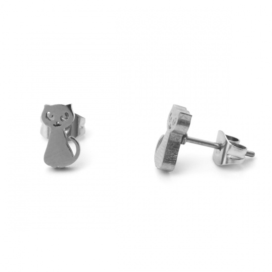 Picture of 304 Stainless Steel Ear Post Stud Earrings Silver Tone Cat Animal 9mm x 5mm, Post/ Wire Size: (21 gauge), 1 Pair