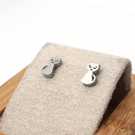 Picture of 304 Stainless Steel Ear Post Stud Earrings Silver Tone Cat Animal 9mm x 5mm, Post/ Wire Size: (21 gauge), 1 Pair