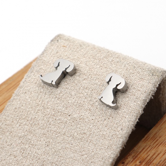 Picture of 304 Stainless Steel Ear Post Stud Earrings Silver Tone Dog Animal 8mm x 6mm, Post/ Wire Size: (21 gauge), 1 Pair