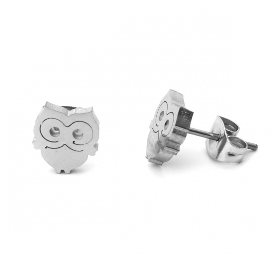 Picture of 304 Stainless Steel Ear Post Stud Earrings Silver Tone Owl Animal 8mm x 8mm, Post/ Wire Size: (21 gauge), 1 Pair