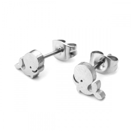 Picture of Wholesale Cute Stylish Ear Post Stud Earrings, Whale Animal Silver Tone 304 Stainless Steel, Women's Gift Jewelry Supply, 7mm x 6mm, Post/ Wire Size: 0.7mm(21 gauge), 1 Pair