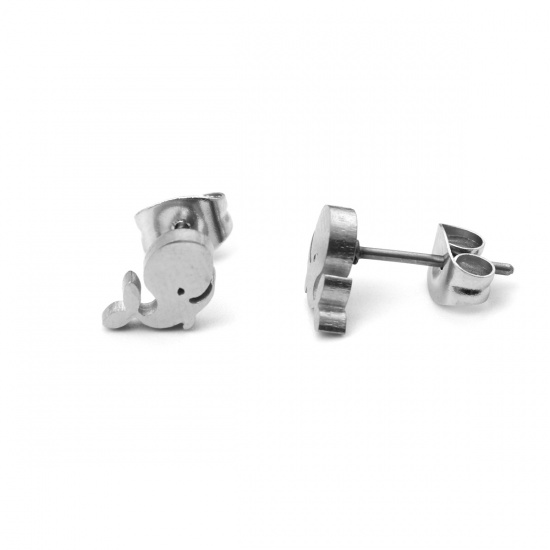 Picture of 304 Stainless Steel Ocean Jewelry Ear Post Stud Earrings Silver Tone Whale Animal 7mm x 6mm, Post/ Wire Size: (21 gauge), 1 Pair