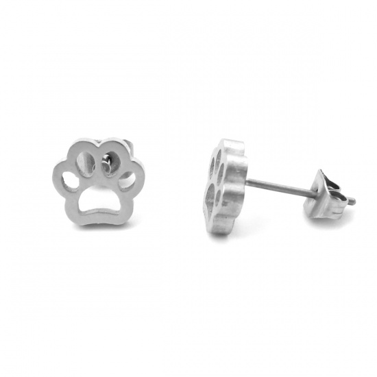 Picture of 304 Stainless Steel Pet Memorial Ear Post Stud Earrings Silver Tone Cat Animal Paw Claw 8mm x 8mm, Post/ Wire Size: (21 gauge), 1 Pair