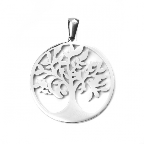 Image de Pendentifs en 304 Acier Inoxydable Rond Argent Mat Arbres Creux 3.6cm x 2.8cm , 1 Pièce