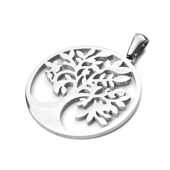 Image de Pendentifs en 304 Acier Inoxydable Rond Argent Mat Arbres Creux 3.6cm x 2.8cm , 1 Pièce