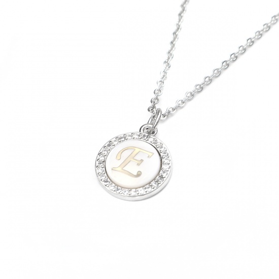 Picture of Stainless Steel & Shell Necklace Silver Tone Round Initial Alphabet/ Capital Letter Message " E " Clear Cubic Zirconia 45cm(17 6/8") long, 1 Piece