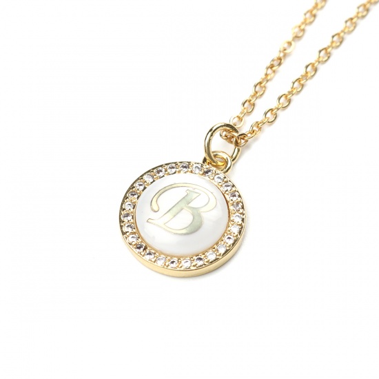 Picture of Stainless Steel & Shell Necklace Gold Plated Round Initial Alphabet/ Capital Letter Message " B " Clear Cubic Zirconia 45cm(17 6/8") long, 1 Piece