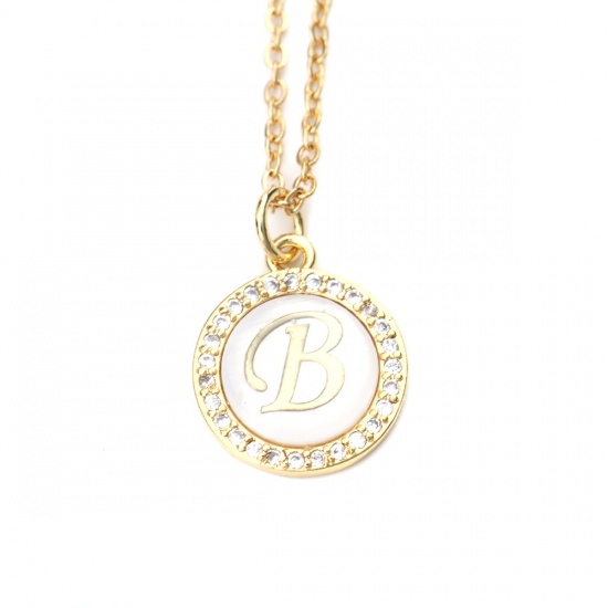 ステンレス鋼+シェル ネックレス 金メッキ 円形 キャピタルレター 文字“ B ” クリア ジルコン 45cm長さ、 1 本 の画像