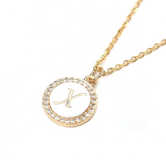 Picture of Stainless Steel & Shell Necklace Gold Plated Round Initial Alphabet/ Capital Letter Message " X " Clear Cubic Zirconia 45cm(17 6/8") long, 1 Piece