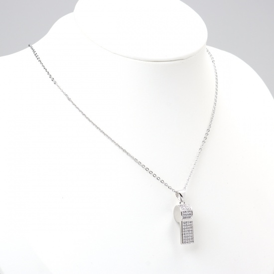 Picture of Stainless Steel Necklace Silver Tone Whistle Clear Cubic Zirconia 45cm(17 6/8") long, 1 Piece