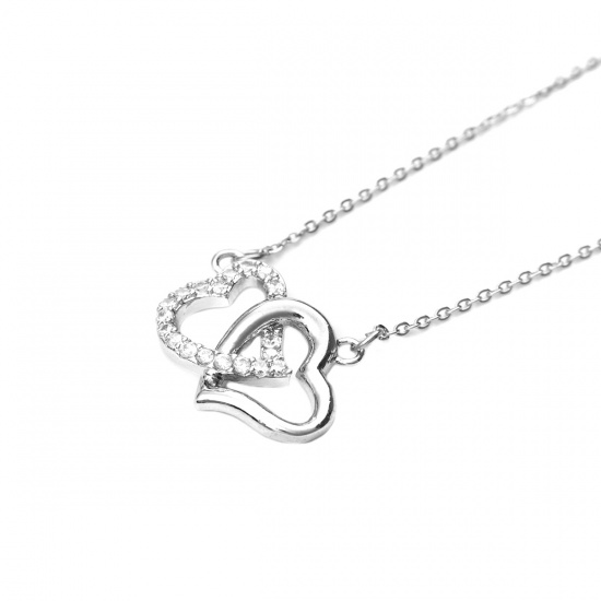 Picture of Stainless Steel Necklace Silver Tone Heart Clear Cubic Zirconia 45cm(17 6/8") long, 1 Piece