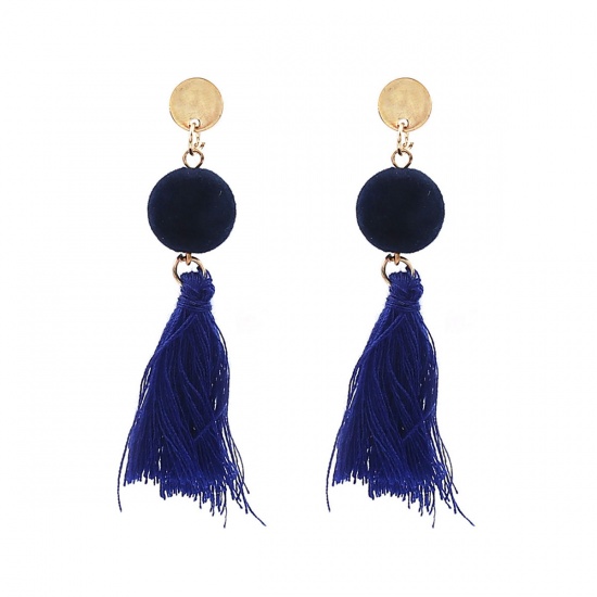 Picture of Earrings Gold Plated Royal Blue Round W/ Stoppers 6.3cm x 1.3cm, Post/ Wire Size: (21 gauge), 1 Pair