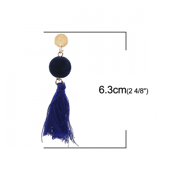 Picture of Earrings Gold Plated Royal Blue Round W/ Stoppers 6.3cm x 1.3cm, Post/ Wire Size: (21 gauge), 1 Pair