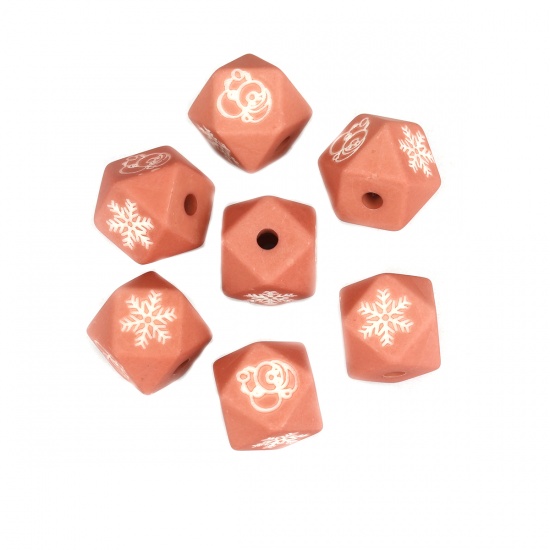 Picture of Resin Spacer Beads Octagon Orange-red Christmas Snowflake Pattern About 16mm x 16mm, Hole: Approx 3.5mm, 10 PCs