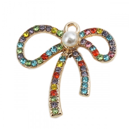 Lega di Zinco Charms Cravatta a Farfalla Oro Placcato Multicolore Strass Perla Imitato Acrilico 26mm x 26mm , 2 Pz