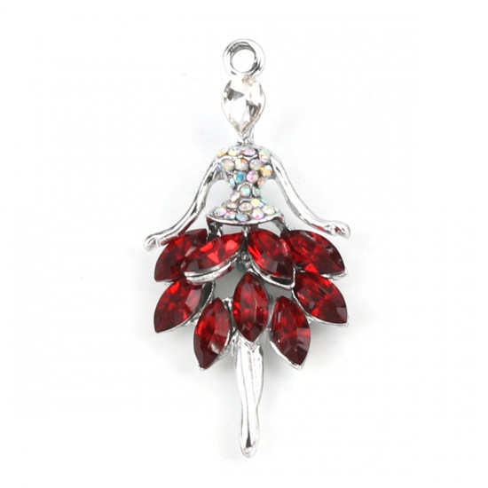 Picture of Zinc Based Alloy & Glass Charms Dancing girl Silver Tone Red AB Color Rhinestone 44mm x 22mm, 5 PCs