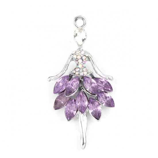 Picture of Zinc Based Alloy & Glass Charms Dancing girl Silver Tone Purple AB Color Rhinestone 44mm x 22mm, 5 PCs