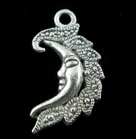Picture of Zinc Based Alloy Charms Half Moon Antique Silver Color Face Carved 27mm(1 1/8") x 15mm( 5/8"), 20 PCs