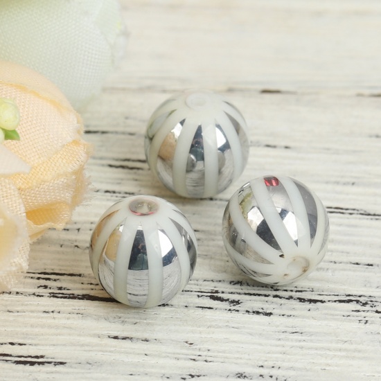 Picture of Glass Beads Round Silver Stripe About 10mm Dia, Hole: Approx 1.4mm, 20 PCs
