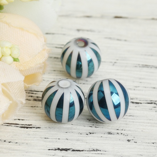 Picture of Glass Beads Round Blue Stripe About 10mm Dia, Hole: Approx 1.4mm, 20 PCs